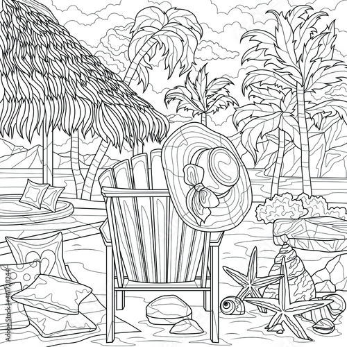 Sunbed by the sea near the bungalows and palm trees. Landscape.Coloring book antistress for children and adults. Illustration isolated on white background.Zen-tangle style. Hand draw