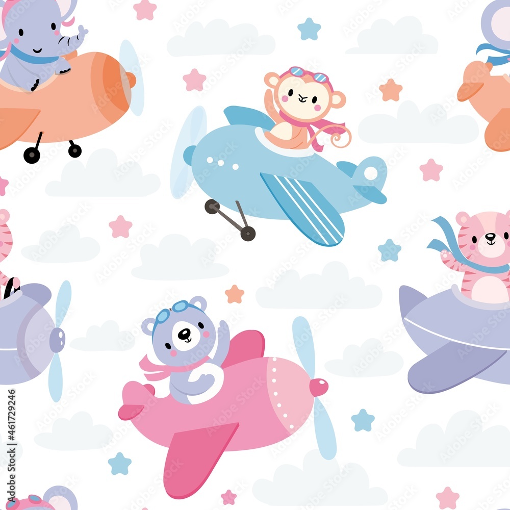 Seamless pattern with cute animals on planes in sky. Cartoon funny pilots. Giraffe, bear, tiger, elephant, monkey. Kid vector illustration