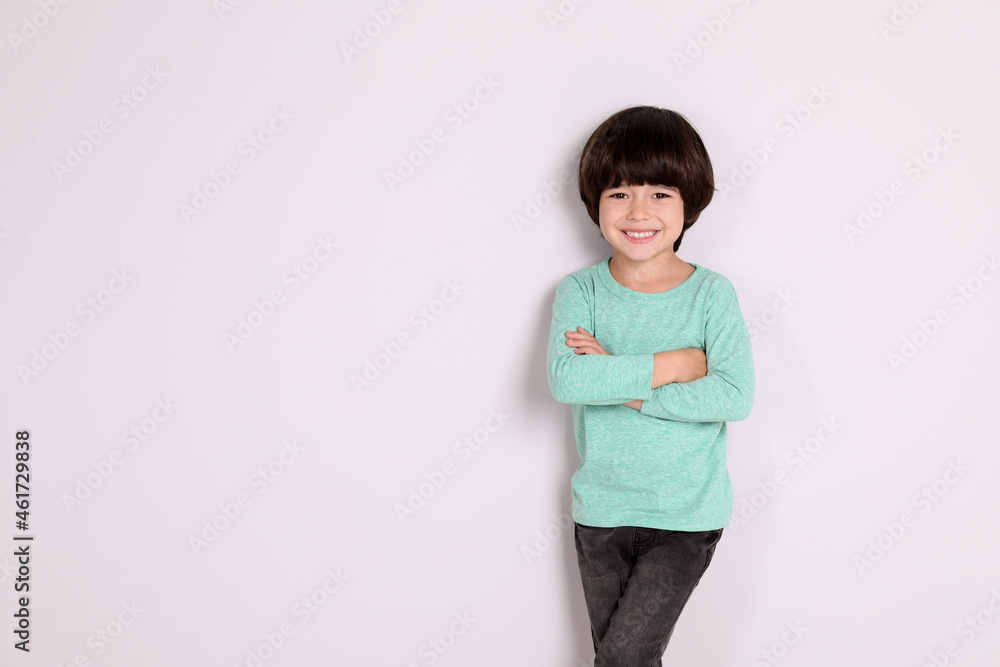 Portrait of cute little boy on white background, space for text Portrait of cute little boy on white background, space for text