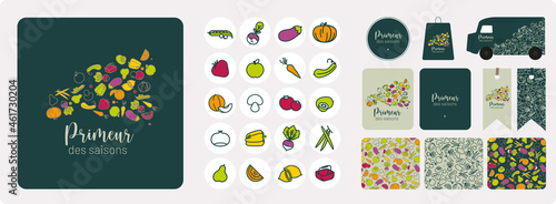 Fototapeta Naklejka Na Ścianę i Meble -  Collection de symboles de fruits et légumes de saison pour logo, identité graphique, marque, magasin, boutique, marchand, marché, primeur, producteur, maraîcher