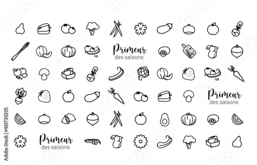 Collection de symboles de fruits et légumes de saison pour pattern, fond graphique, décoration murale, papier décoratif, bâche, décoration stand, arrière plan, peinture murale, aménagement intérieur