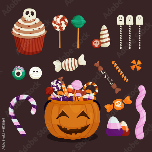 A set of sweet Halloween candy for trick or treat. Sweets for children in a pumpkin bag, bucket. Lollipops, candy, chocolate, ghosts, cupcake with a skull. Vector illustration.
