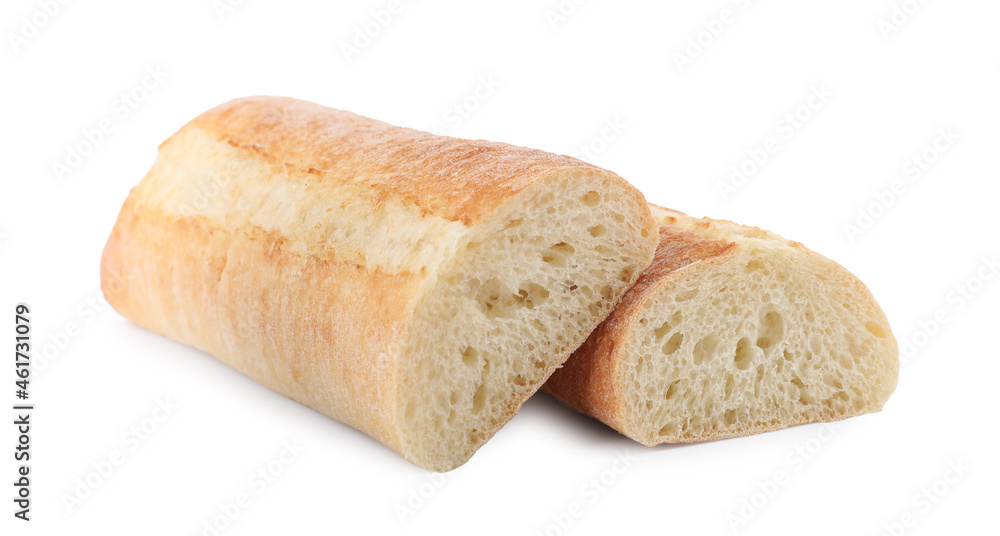 Pieces of fresh baguette on white background