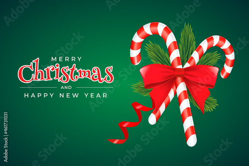 Christmas and New Year greeting card template with candies, fir branches, red bow and ribbon on green background. Vector illustration