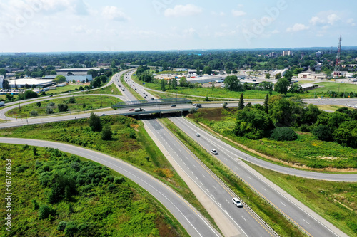 Aerial of busy expressway on beautiful day