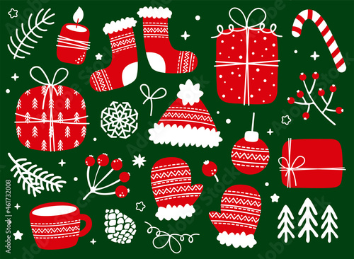 Set of hand drawn Christmas vector elements: gift box, socks, mittens, hat, snowflake, mug, candy, ball, candle, berries, Christmas tree.