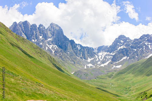 Mountain landscape with a view of the valley and Mount Chaukhi