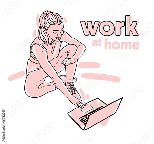 girl with laptop working at home vector sketch