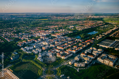 Aerial view of Bussy Saint Georges, an eastern suburb of Paris in the new city of Marne La Vallée - Planned community with a grid street plan and modern residential areas surrounded by nature photo