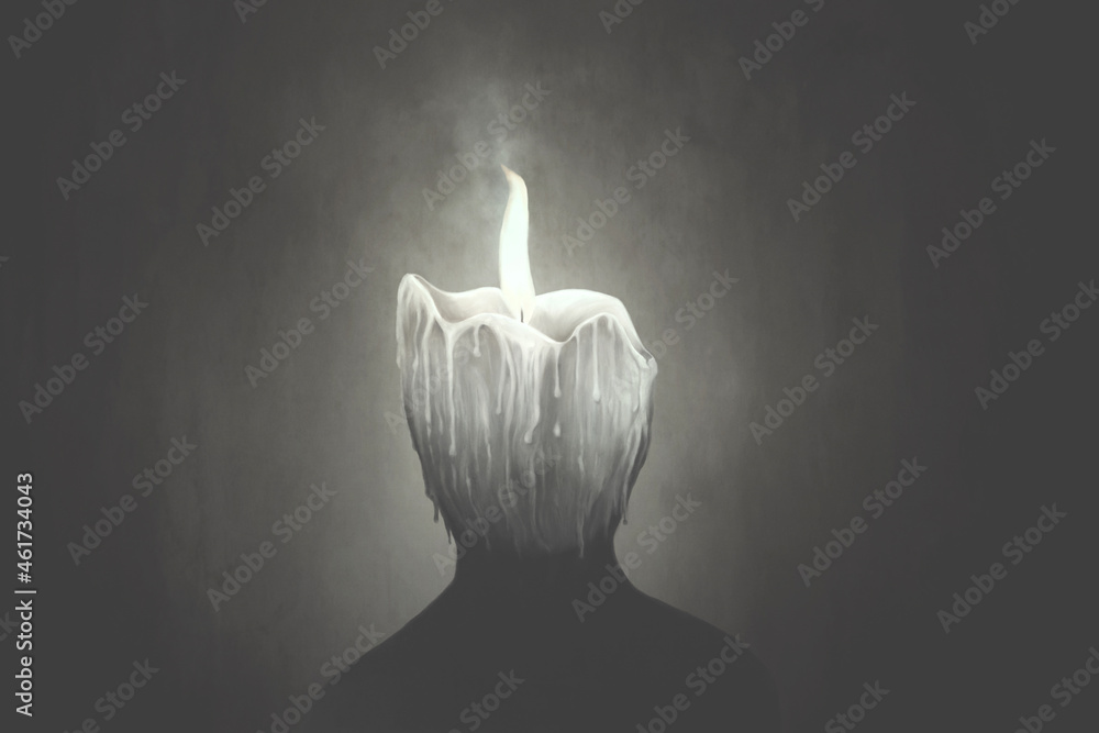 Illustration of candle wax human head melting, surreal abstract concept - obrazy, fototapety, plakaty 