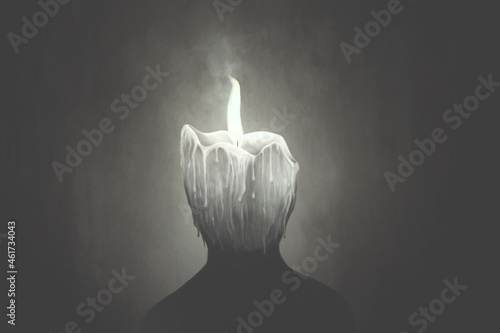 Illustration of candle wax human head melting, surreal abstract concept