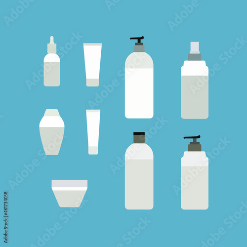 Vector Set of Bottles, Cleansers, Different Cosmetic Products, Icons Collection Isolated on Blue Background, Containers of Cream, Shampoo, Lotion.