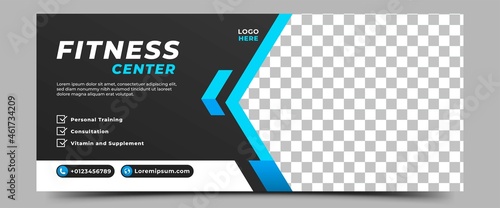 Gym, fitness, workout, sport horizontal banner template design, Modern banner design with geometric shape element. Usable for banner, header, cover, and background.