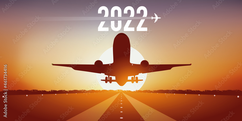 Carte de vœux 2022 pour les compagnies aériennes, montrant un avion prenant son envol, en décollant de la piste d’un aéroport devant un coucher de soleil. - obrazy, fototapety, plakaty 