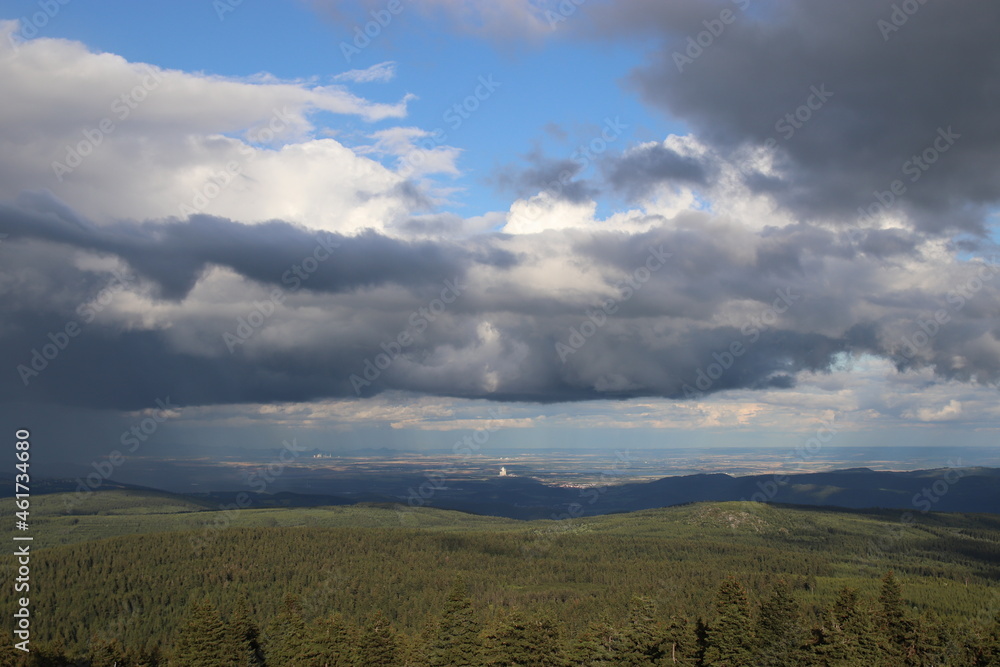A view to the landscape with stormy clouds coming at Ore Mountains, Czech republic