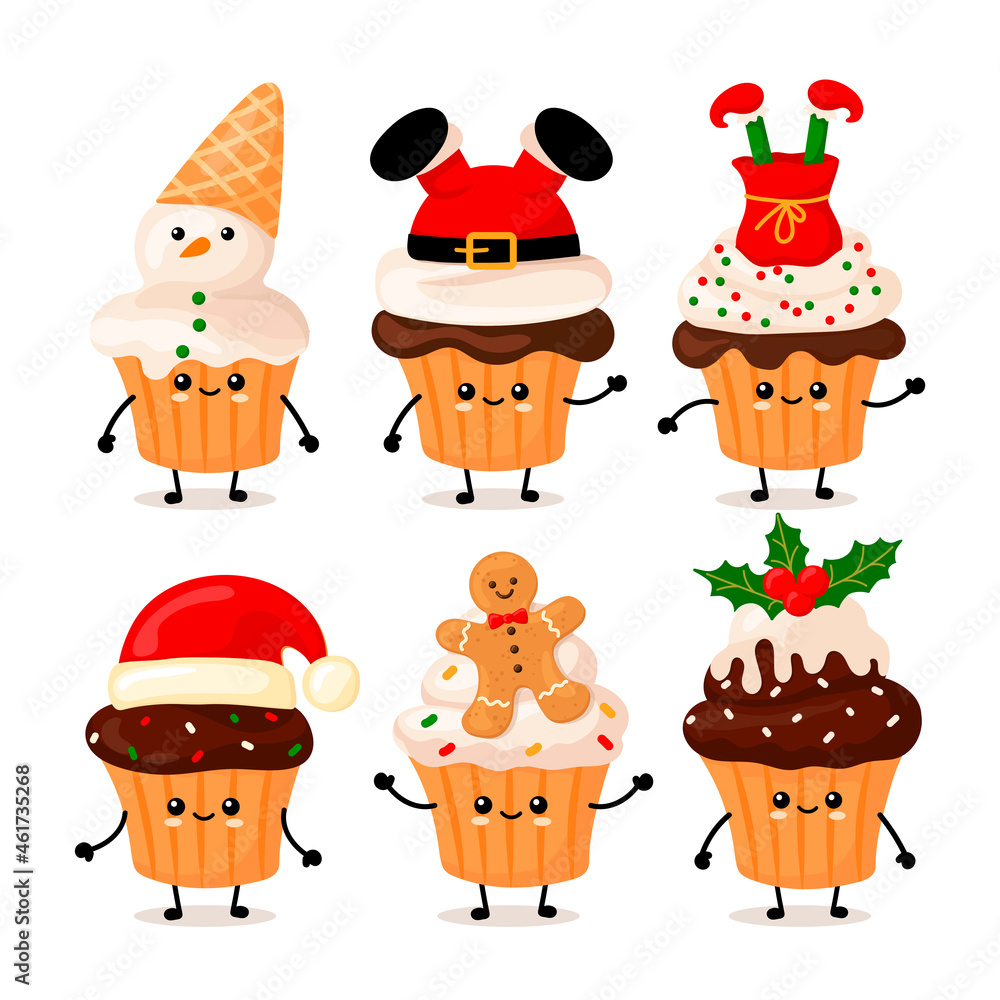 set cute kawai cupcakes with Merry Christmas written. cartoon style. set cute kawai cupcakes with Merry Christmas written. cartoon style.