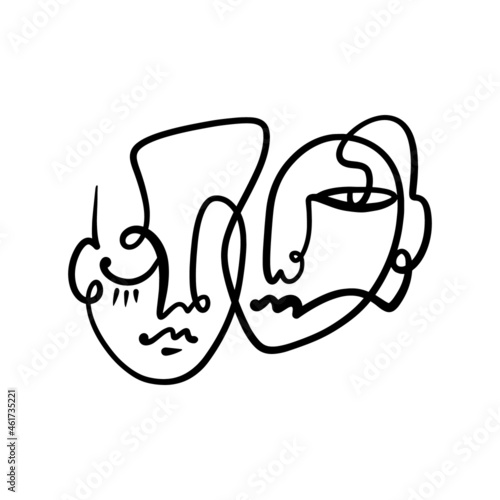 Black ink modern abstract face portrait. Linear art contemporary painting. Fashion style minimalist drawing. Good for poster design and more.
