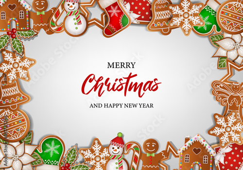 christmas background with gingerbread cookies. Gingerbreads frame