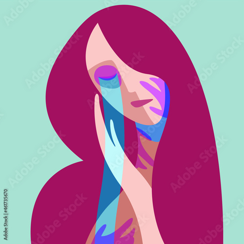 vector social illustration on the theme of domestic violence against women. a crying woman with traces of beating, a black eye and palm blow marks on her face and body. victim of domestic violence.