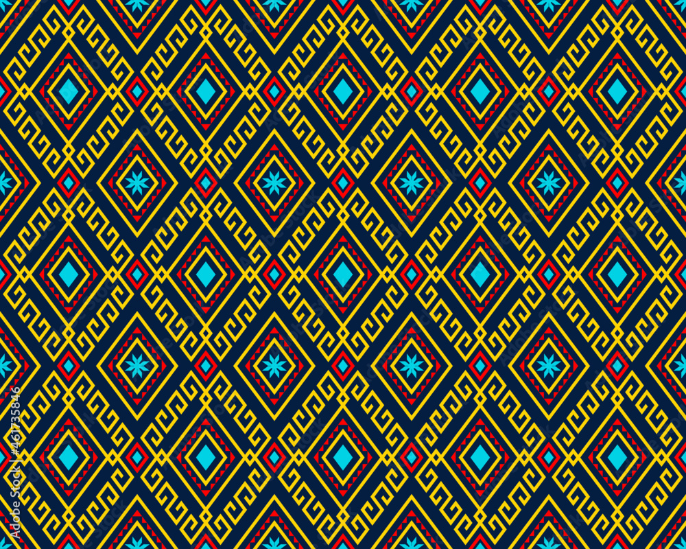 Yellow Red Tribe or Ethnic Seamless Pattern on Blue Background in Symmetry Rhombus Geometric Bohemian Style for Clothing or Apparel,Embroidery,Fabric,Package Design Yellow Red Tribe or Ethnic Seamless Pattern on Blue Background in Symmetry Rhombus Geometric Bohemian Style for Clothing or Apparel,Embroidery,Fabric,Package Design