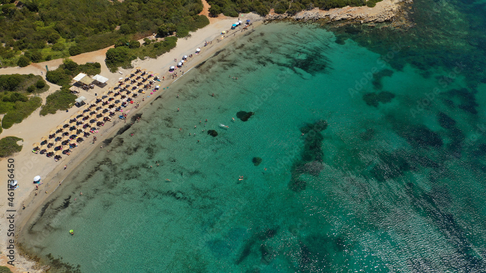Aerial drone photo of famous sandy beach of Kyra Panagia in island of Skiros, Sporades, Greece