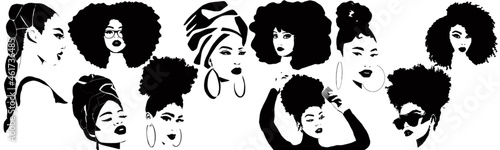Set of beautiful black women with afro hair, turban, comb and braids. African girls silhouette for logo. template for curly hairstyles photo