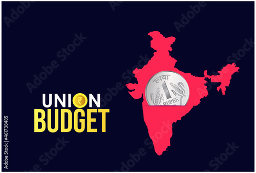 realistic vector rupee icon with Indian map and one rupee coin, Indian Union Budget, India economy, finance icon, Indian rupee coin with Indian map vector illustration, typography