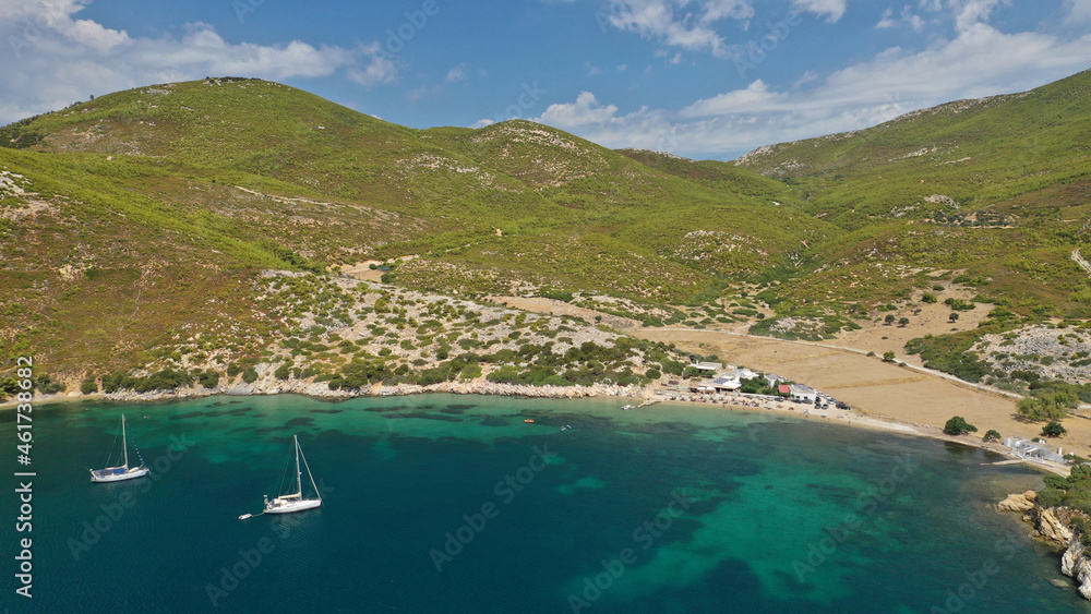 Obraz premium Aerial drone photo of beautiful sandy bay and picturesque small chapel of Agios Fokas in island of Skiros, Sporades, Greece