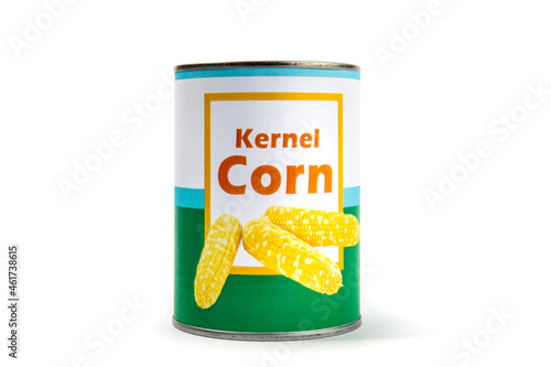 A fake generic labelled food can of kernel corn isolated on white photo