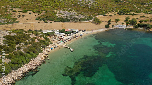 Aerial drone photo of beautiful sandy bay and picturesque small chapel of Agios Fokas in island of Skiros, Sporades, Greece