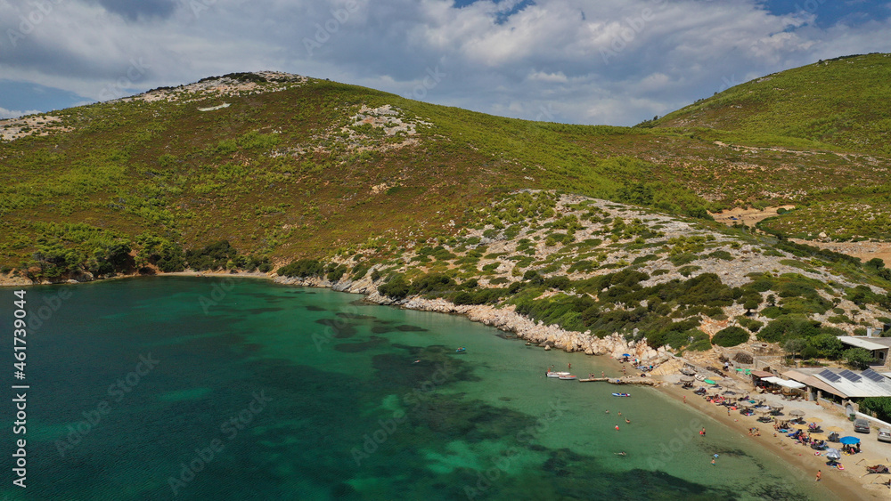 Fototapeta premium Aerial drone photo of beautiful sandy bay and picturesque small chapel of Agios Fokas in island of Skiros, Sporades, Greece
