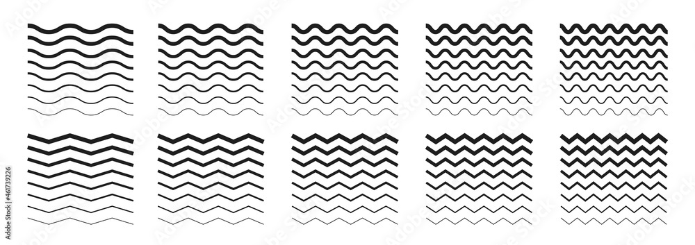 Wave line and wavy zigzag lines. Black underlines wavy curve zig zag line pattern in abstract style. Geometric decoration element. Vector illustration. - obrazy, fototapety, plakaty 