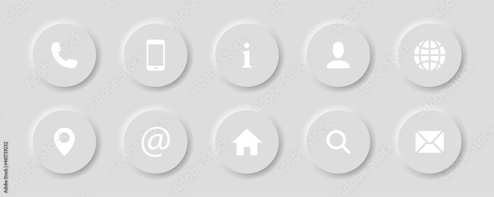 Contact information buttons set in neomorphism design style with shadow. 3d contact us signs or symbols collection. Neomorphic trendy designs element isolated on white background. Vector illustration. Contact information buttons set in neomorphism design style with shadow. 3d contact us signs or symbols collection. Neomorphic trendy designs element isolated on white background. Vector illustration.