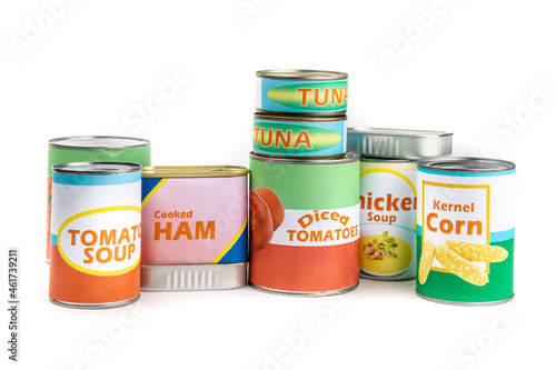 A variety of fake generic labelled food cans isolated on white
 photo