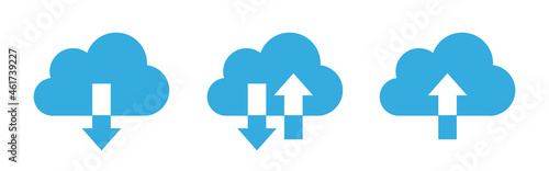 Collection cloud with arrow flat icon. Upload and download cloud arrow vector symbols. Clouds with arrows up and down isolated blue signs. Vector illustration.