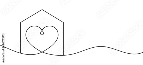 Home with heart line art drawing vector illustration. Continuous one line drawing house with heart shape. Abstract love symbol. Outline ribbon vector background. Art design template.