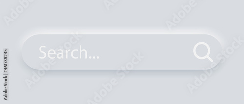 Search bar icon in neomorphism design style with shadow. 3d UI search button for browser window. Neomorphic trendy design element isolated on white background. Vector illustration.