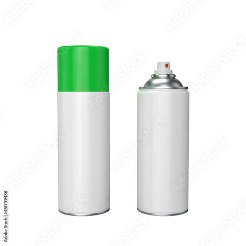 Green spray can with paint, open and closed lid. on a white background, 3d render