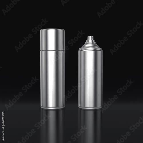 Silver can spray paint on a black background, 3d render
