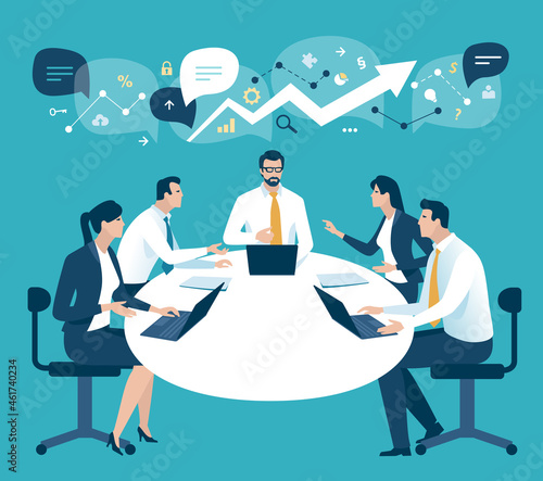 Teamwork. The team discusses the business strategy sitting around table. Vector illustration.