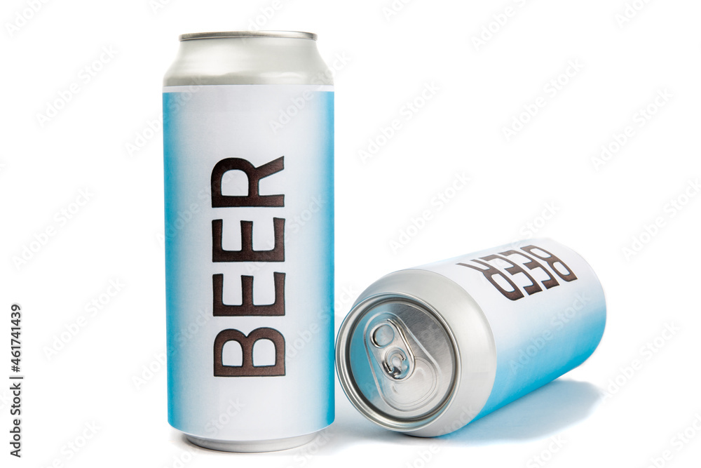 A fake generic labelled tall can of beer and one can tipped over isolated on white
A fake generic labelled tall can of beer and one can tipped over isolated on white