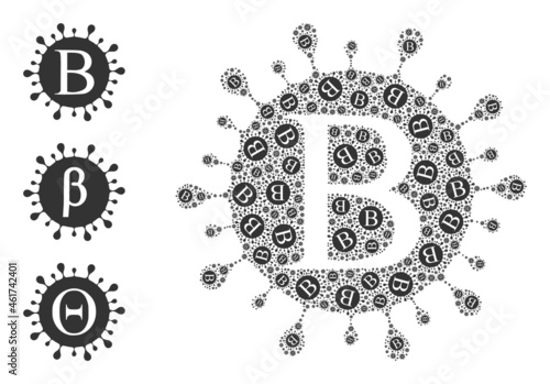 Itself recursion collage Beta coronavirus. Vector Beta coronavirus fractal is made from repeating fractal Beta coronavirus pictograms. Flat design.