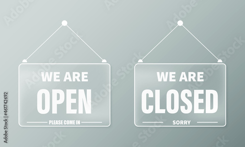 Business open closed sign. Shop door glossy signs boards, come in and sorry we are closed outdoors signboard isolated vector