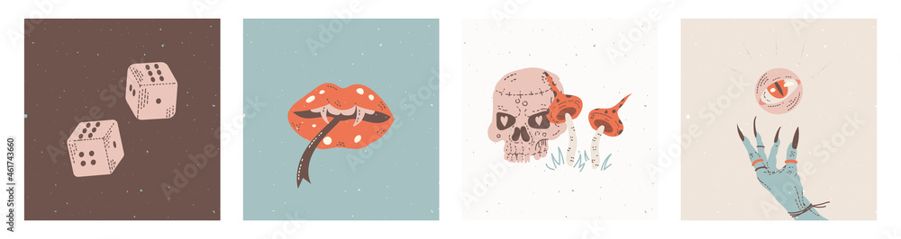 Set of cards with mystical elements. The day of the Dead. Hand draw doodle illustration - obrazy, fototapety, plakaty 