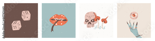 Set of cards with mystical elements. The day of the Dead. Hand draw doodle illustration