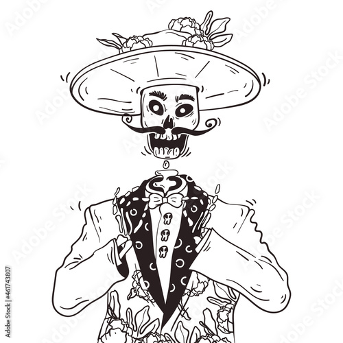Smiling skeleton. Day of the dead or dia de los muertos. Hand drawn doodle line art illustration