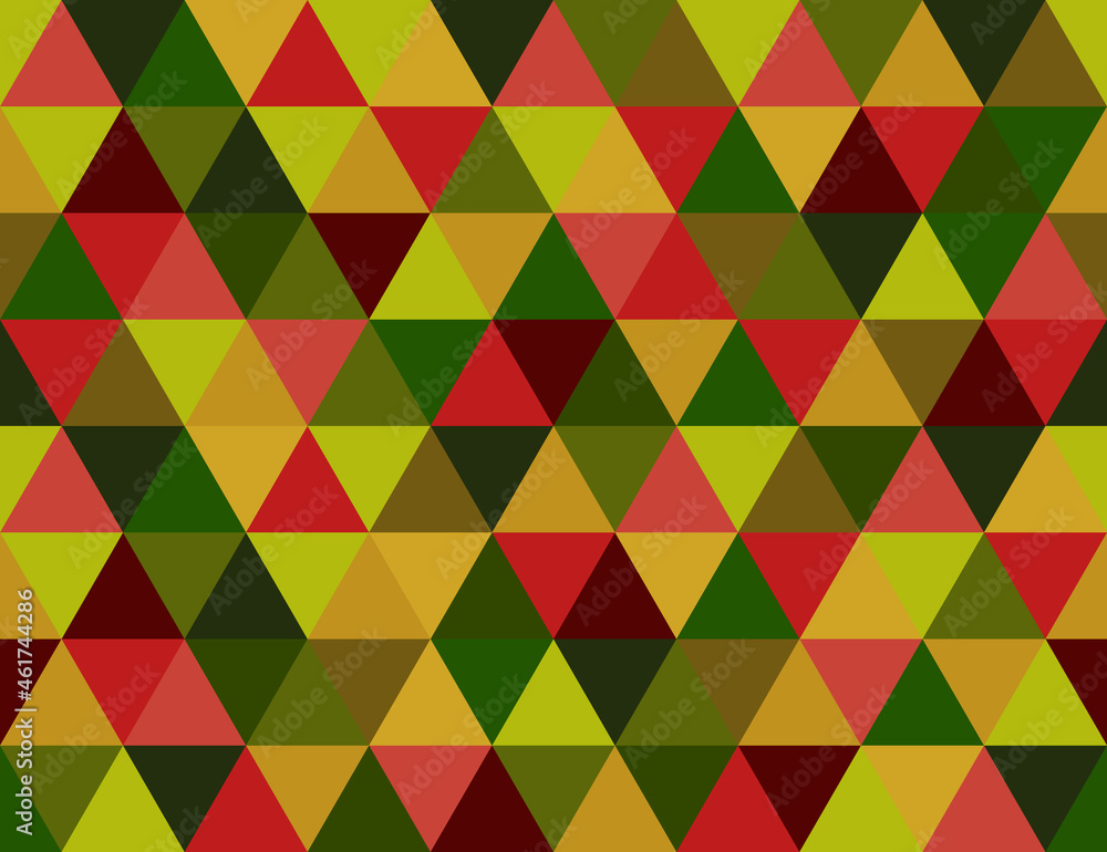 Seamless abstract background pattern. Christmas tone triangle shape green, red, yellow, gold. Texture design for fabric, tile, cover, poster, banner, textile, flyer, wall. Vector illustration. Seamless abstract background pattern. Christmas tone triangle shape green, red, yellow, gold. Texture design for fabric, tile, cover, poster, banner, textile, flyer, wall. Vector illustration.