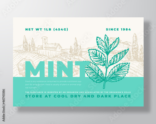 Fresh Local Mint. Food Label Template. Abstract Vector Packaging Design Layout. Modern Typography Banner with Hand Drawn Spice Leaves and Rural Landscape Background. Isolated