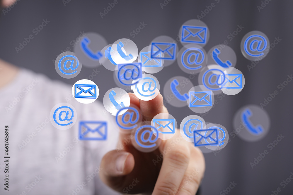 touching 3D rendering flying email icon with his fin touching 3D rendering flying email icon with his fin