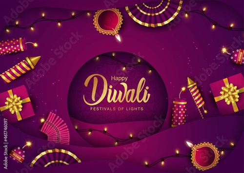 Indian festival Happy Diwali with Diwali props, holiday Background, Diwali celebration greeting card, vector illustration design.
